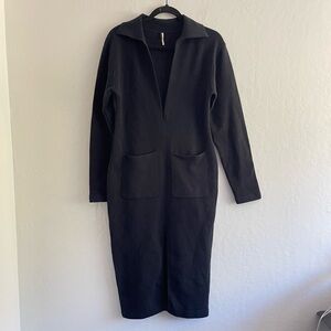 Free People Black Midi V Neck Collared Minimalist Dress Knit Womens Size XS